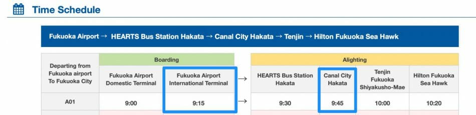 First Bus from Fukuoka Airport arrives at 9:15am