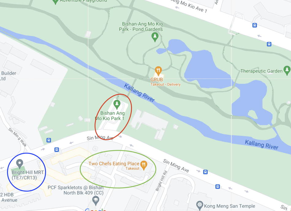 Kallang Park Connector : Bishan to Potong Pasir : A Great Walk In the Park 3 Map showing Kallang River, Bishan Ang Mo Kio Park, and Bright Hill MRT station along the park connector.