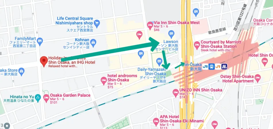 Google Map for Route from Holiday Inn Shin Osaka to Shin Osaka Train Station